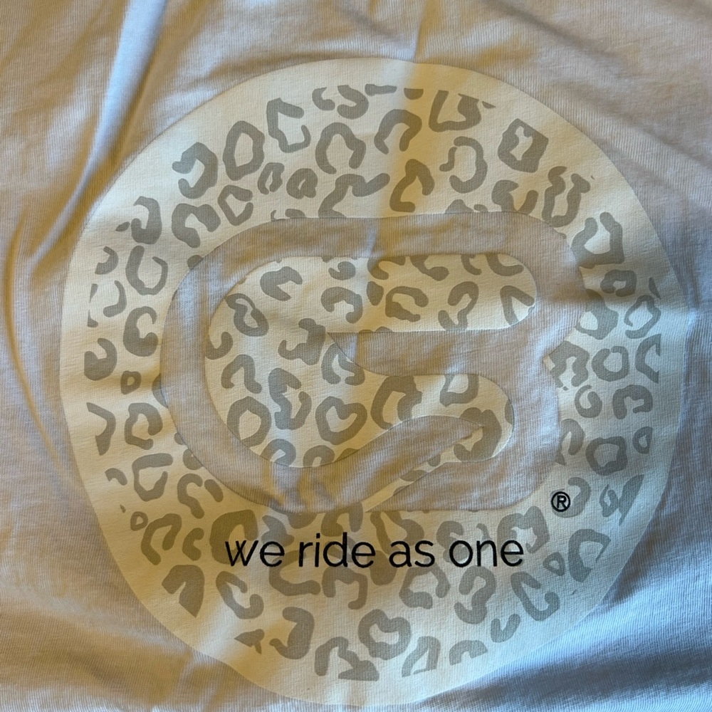 CycleBar crop muscle tank, white and gray leopard